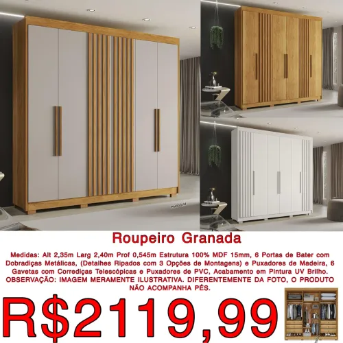 Guarda roupas Granada ripado 2.40m 100% mdf / 3 cores disponíveis / frete grátis