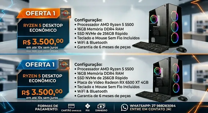 Cpu amd ryzen 5 5500 16gb 4gb radeon rx6500 xt 256gb ssd teclado e mouse wifi