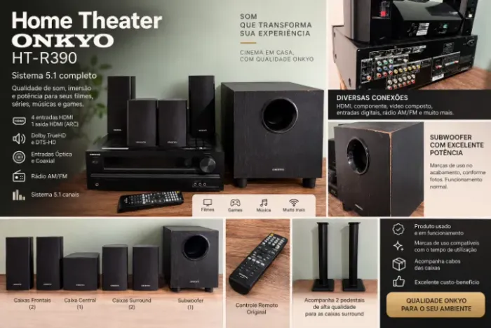 Home Theater Onkyo HT-R390 5.1 Completo + Subwoofer + Pedestais