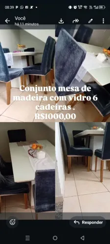 Mesa com tampo de vidro laca c/6 cadeiras 