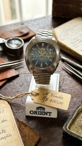 Relógio Orient Automático 3 Estrelas Vintage - Dial Azul Trabalhado / 21 Jewels