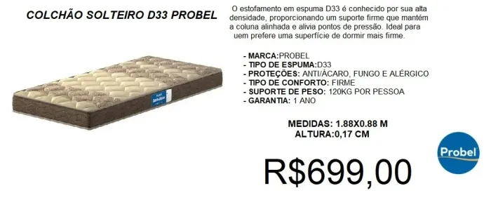 Colchão solteiro espuma d33 probel - frete grátis