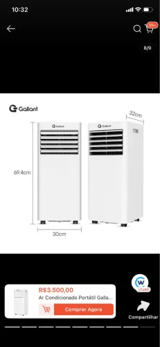 Ar Condicionado Portátil Gallant 10000 Btus Frio R32 127V