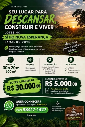 Lotes 600m² em Iranduba/AM a partir de R$ 30 mil<br>