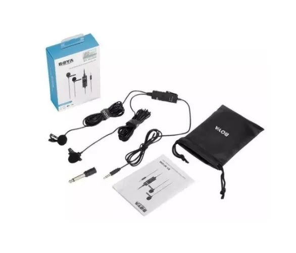 Microfone de Lapela Duplo da Boya P/ Câmera e Smartphone com 4 Metros de Cabo