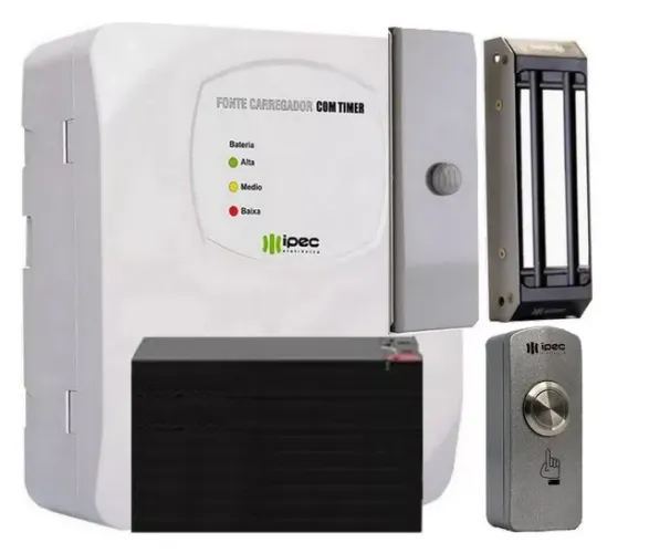 Kit Eletroimã M150 Ipec Botoeira Inox Carregador E Bateria