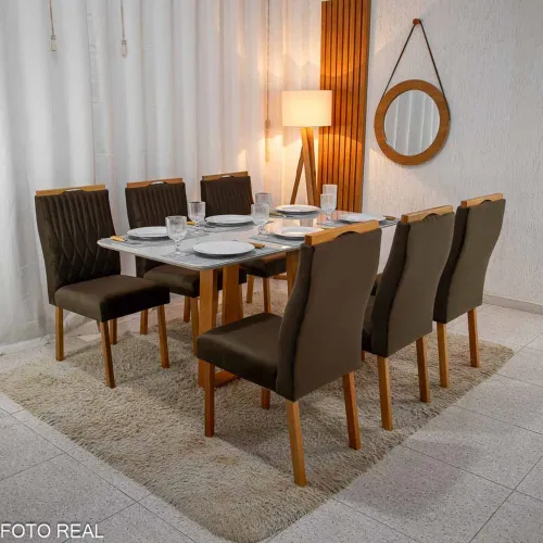 Mesa de Jantar Vidro OFF 160×80 6 Cadeiras Genova Veludo Madeira Maciça- Entregue Montada