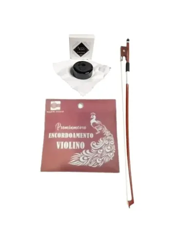 Encordoamento Violino Premium + Arco de Violino 4/4 + Breu Royal Kl redondo Escuro