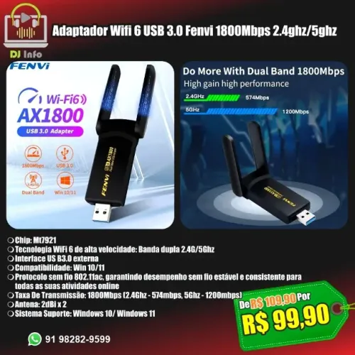 Adaptador Wifi 6 USB 3.0 Fenvi 1800Mbps 2.4ghz/5ghz
