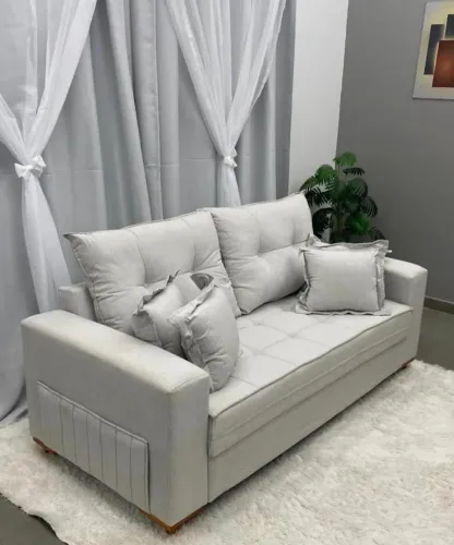 Sofá Lucy com Almofadas Soltas 3 Lugares Tecido Linho 200cm- Produto Novo