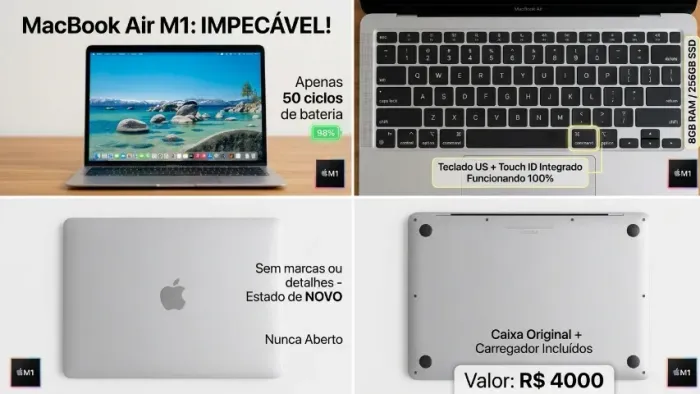 MacBook Air 13" Apple M1 - 8GB RAM / 256GB SSD - Prateado - Impecável! (Apenas 50 ciclos)