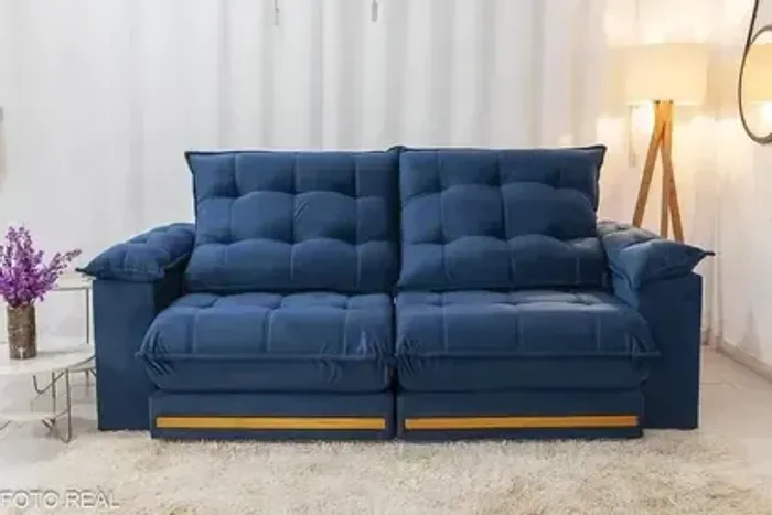 Sofá Retrátil Barcelona Azul Veludo 4 Lugares 2,2m