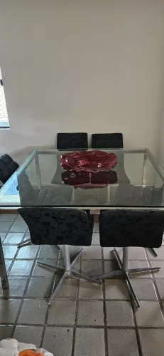 Mesa aço inox e vidro + 6 cadeiras