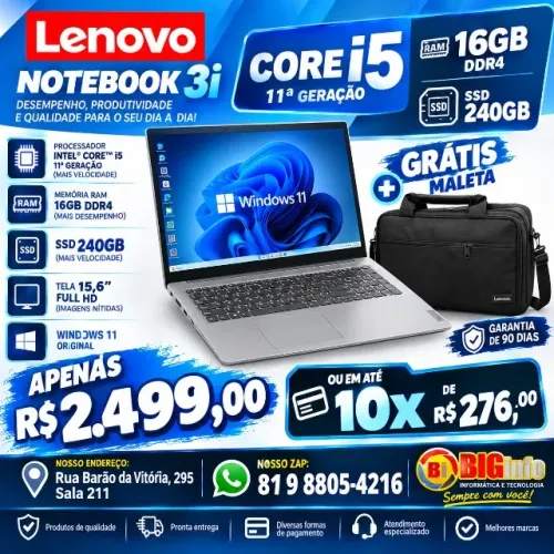 Notebook Lenovo Ideapad I5 11 Geracao 16gb 256gb Ssd Intel Iris® Xe W11 15.6 - Em ate 10x
