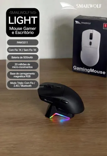 Mouse Gamer + Dock de Carregamento Sem Fio Smailwolf M3 Tri Mode Paw3311 12000dpi Preto