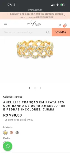 Anel Vivara Prata 925 Banho Ouro Original