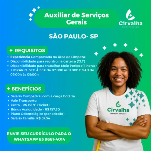 AUXILIAR DE LIMPEZA (MEIO PERIODO - 4 HORAS)