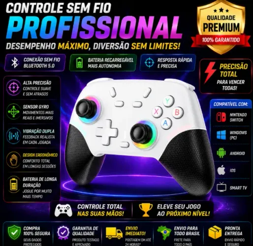 Controle Gamer Sem Fio T&Z X9 Bluetooth - PC, Steam e Nintendo Switch