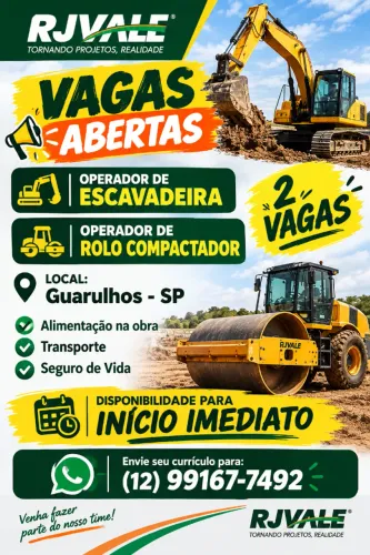VAGA OPERADOR DE ESCAVADEIRA E VAGA OPERADOR DE ROLO - GUARULHOS-SP
