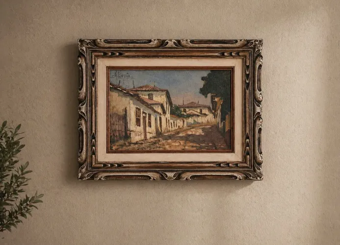 Quadro óleo sobre tela estilo colonial com moldura trabalhada