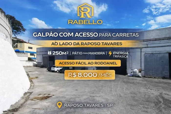 Galpão 250m² na Raposo Tavares | Acesso Rodoanel | Logística e Distribuição | R$ 8.000/mês