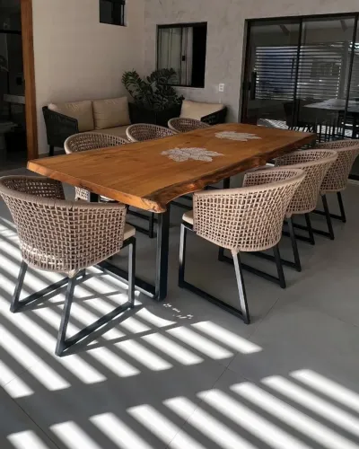 MESA DE MADEIRA PRANCHA UNICA + 6 CADEIRAS DE CORDA NÁUTICA 