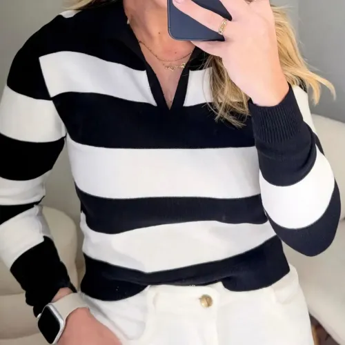 Blusa de tricô listrada PB manga longa canelada