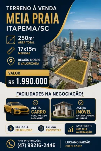 Terreno em Itapema SC- MEIA PRAIA | Aceita Carro e Imóvel no Negócio