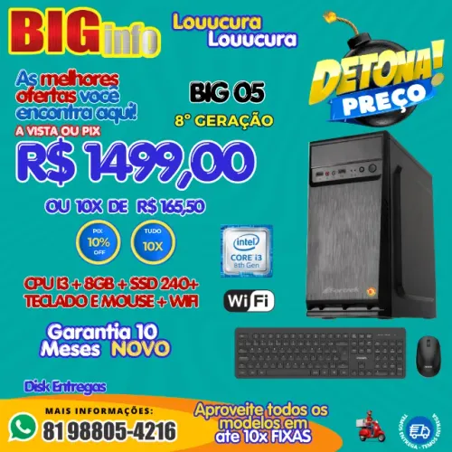Computador Cpu I3 8°geração + 8gb Ddr4 + SSD 240 - Em ate 10x Fixas 