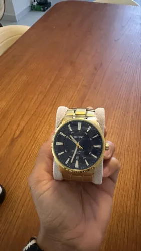 Relógio Orient Masculino Dourado Aço Inoxidável Fundo Azul 50m