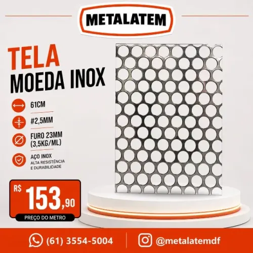 Tela Moeda Inox 61cm Espessura 2,5mm Furo 23mm Vendida por Metro