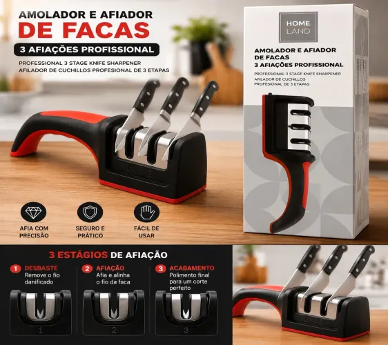 Amolador de Facas 3 Fases Profissional Afiador Manual Cozinha Fácil