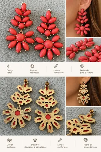 Brinco Maxi Floral Coral com Detalhes Dourados