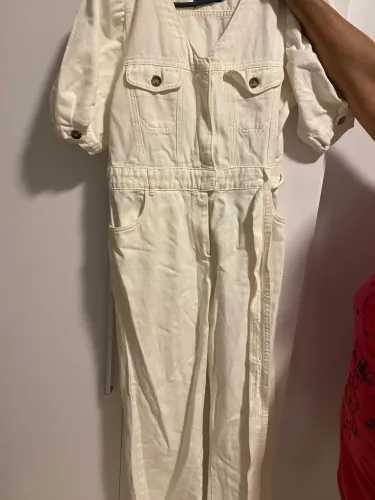 Macacão branco feminino estilo jeans com cinto