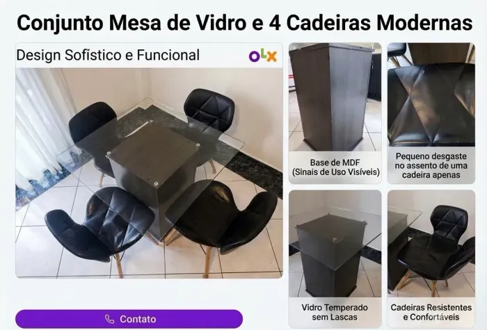 Conjunto Mesa de Vidro Quadrada + 4 Cadeiras Pretas Modernas (Eames / Botonê)
