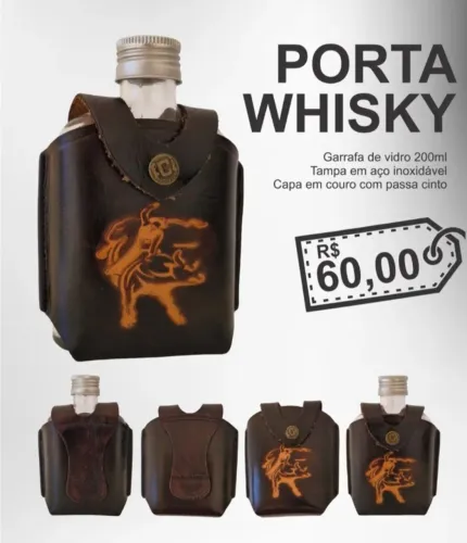 Cantil Porta Bebidas em Vidro e Couro