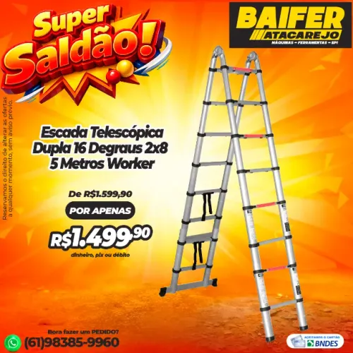 Escada Telescópica Dupla 16 Degraus 2x8 5 Metros Worker