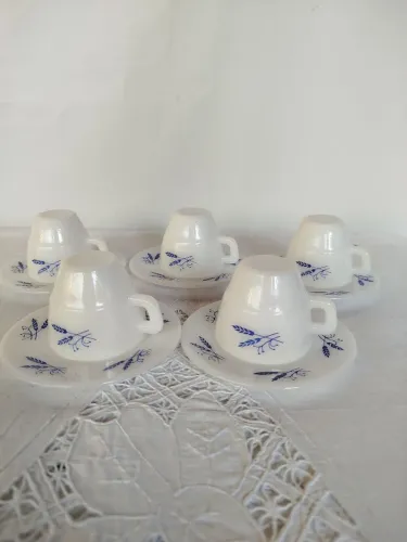 Conjunto de 5 xícaras e 5 pires do triguinho azul opalina colorex dos anos 70