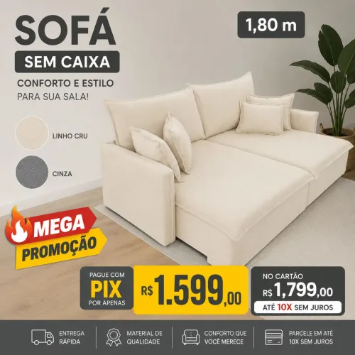 Sofá sem caixa em linho bege ou cinza 1,80 Mega promoção