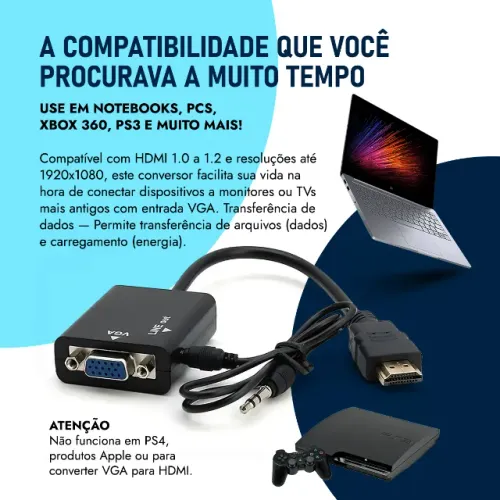 Cabo Adaptador Hdmi Para Monitores e Tv Vga Com Áudio P2 1080p