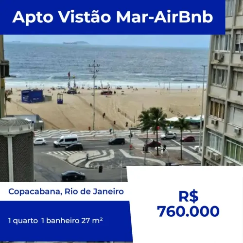 Studio á venda em Copacabana com 27 m², moderno e reformado com vista Lateral para praia