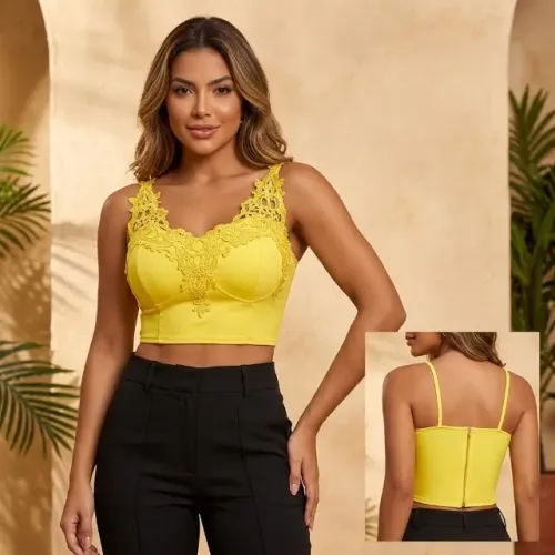 Cropped Feminino Amarelo Alcinha com Renda Guipir e Zíper Traseiro