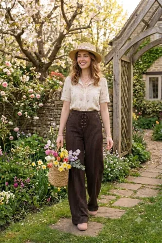 Calça vintage marrom de veludo e risca de giz