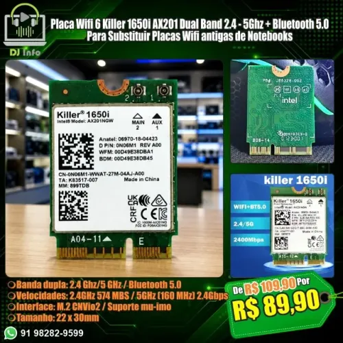 Placa Wifi 6 Killer 1650i AX201 Dual Band 2.4 - 5Ghz + Bluetooth 5.0