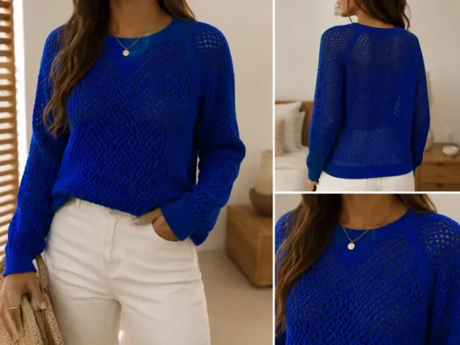 Blusa Tricô Vazado Azul Royal | Tam. M | Manga Longa