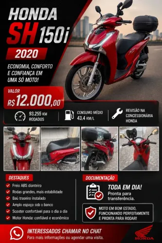 Honda SH 150i 2020 | 93 mil km | Revisada Honda | R$ 12.000