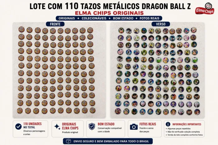 ? Lote com 110 Tazos Metálicos Dragon Ball Z Elma Chips Originais - Colecionáveis ?