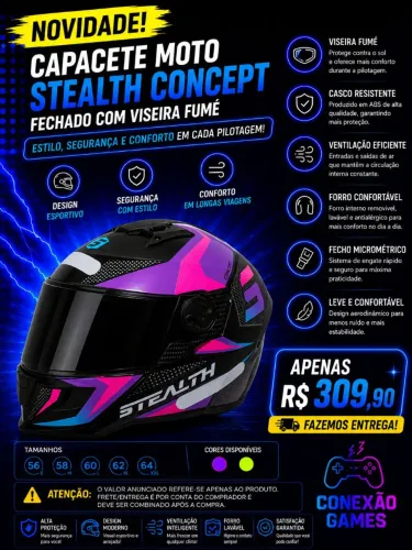 Capacete Moto Stealth Concept Fechado Viseira Fumê Novo