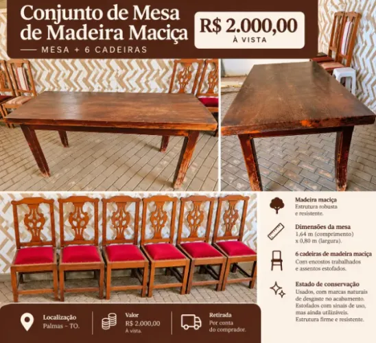 Vende-se mesa de jantar com 6 cadeiras (madeira maciça)