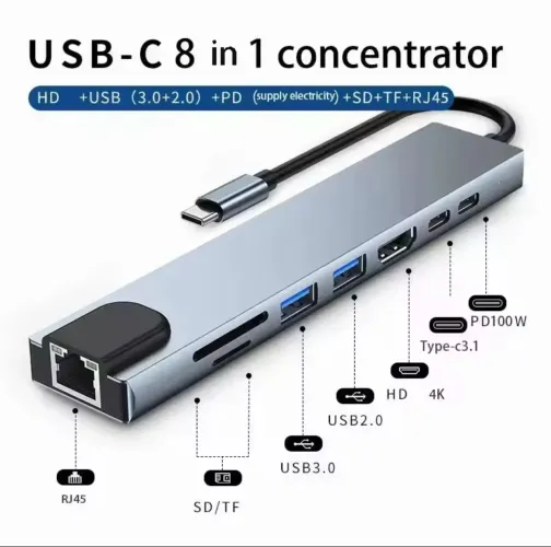 Hub 8 in 1-RJ45, HDMI,PD,SD Lacrado